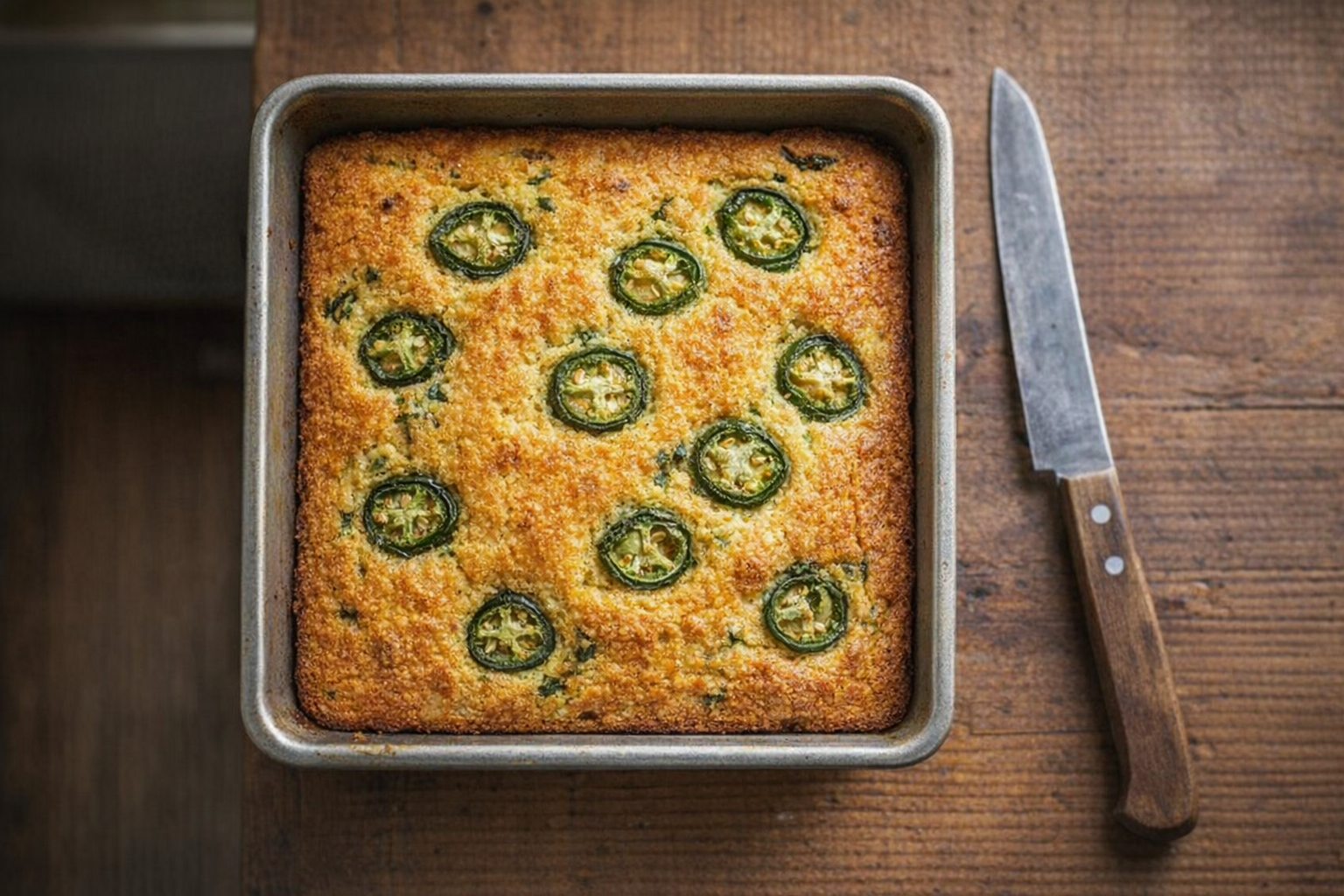 Overhead shot of golden brown Jalapeno Cornbread cooling in a square baking pan, knife resting beside it, rustic wooden table background